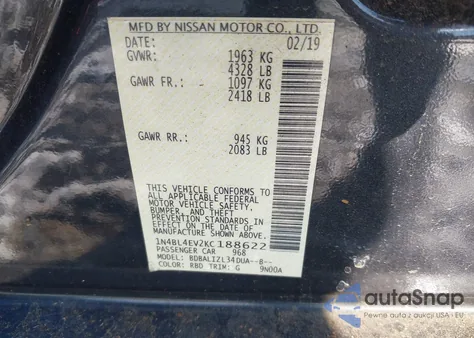 2019 Nissan Altima 2.5 Sl из США, поврежденный, VIN 1N4BL4EV2KC188622